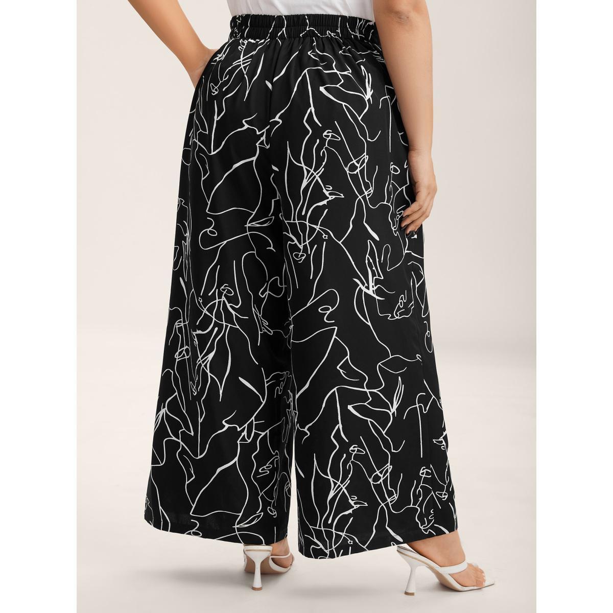 Plus Size Abstract Print Flowy Wide-Leg Pants Women Black Elegant Wide Leg Mid Rise Everyday-Elegant Pants BloomChic 14-16/1X Product Image