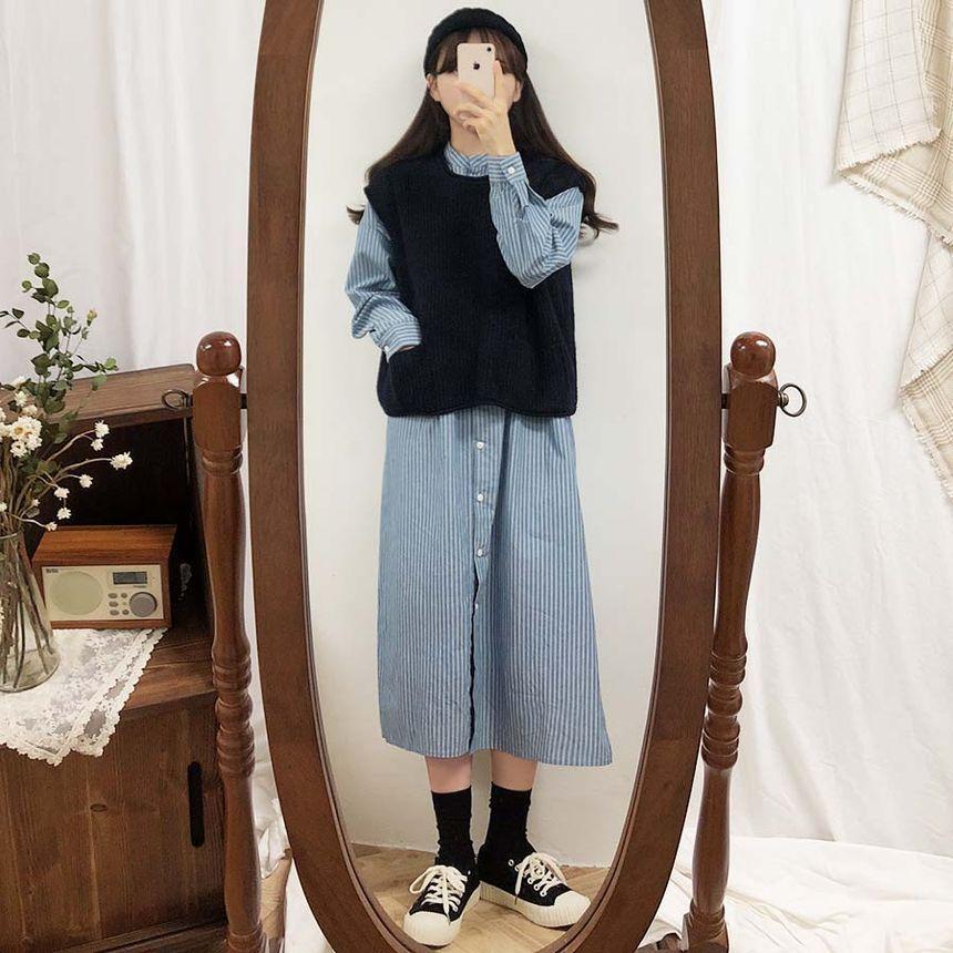 Long-Sleeve Stand Collar Striped Button-Up Slit Midi Shirt Dress / Crew Neck Plain Sweater Vest Product Image