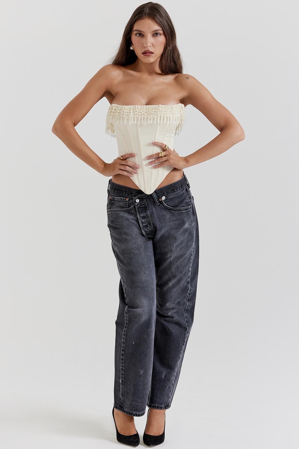 Aubrie Vintage Cream Embellished Satin Corset Product Image