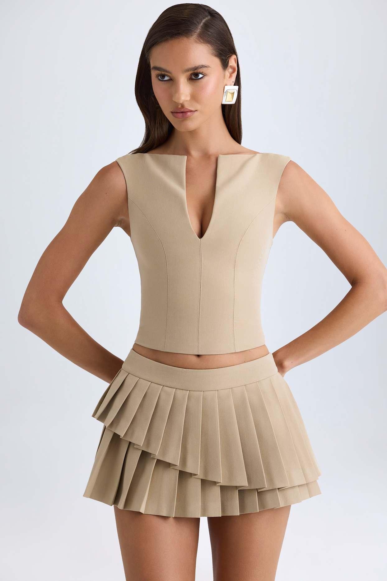 Layered Pleated Low-Rise Mini Skirt in Camel Product Image