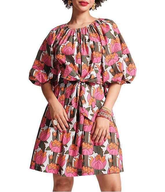 FRANCES VALENTINE Bliss Cotton Poplin Fireflower Print Scoop Neck 3/4 Sleeve Dress Product Image