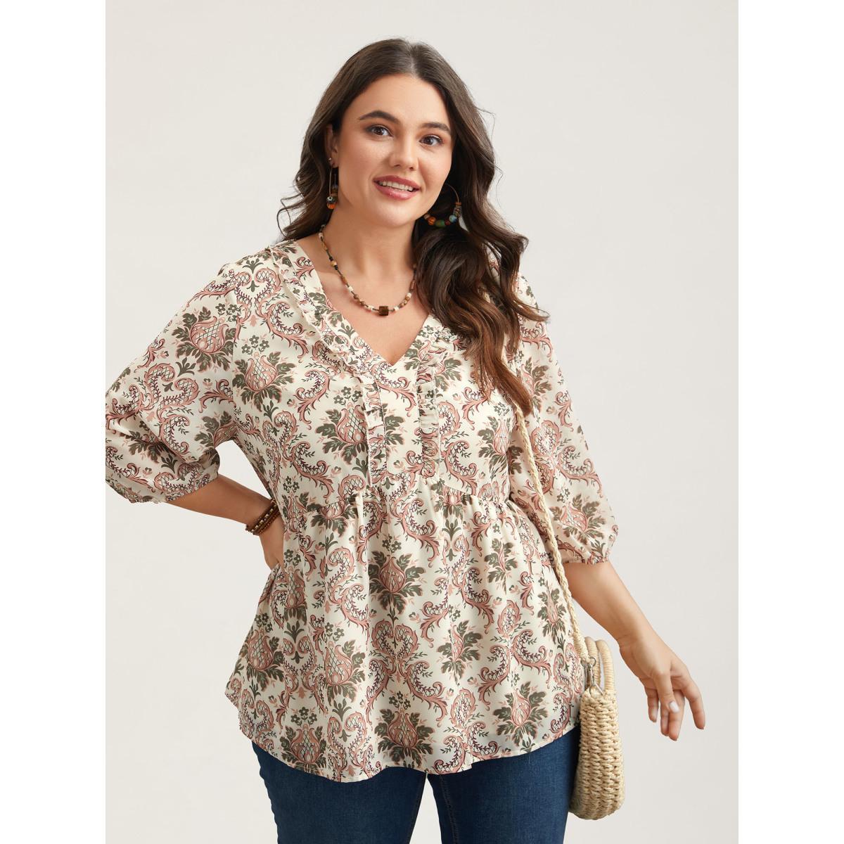 Plus Size Beige Ornate Print Stretchy Waist Lined Shirt Women Resort Elbow-length sleeve Deep V-neck Vacation Blouses BloomChic 10/M Product Image