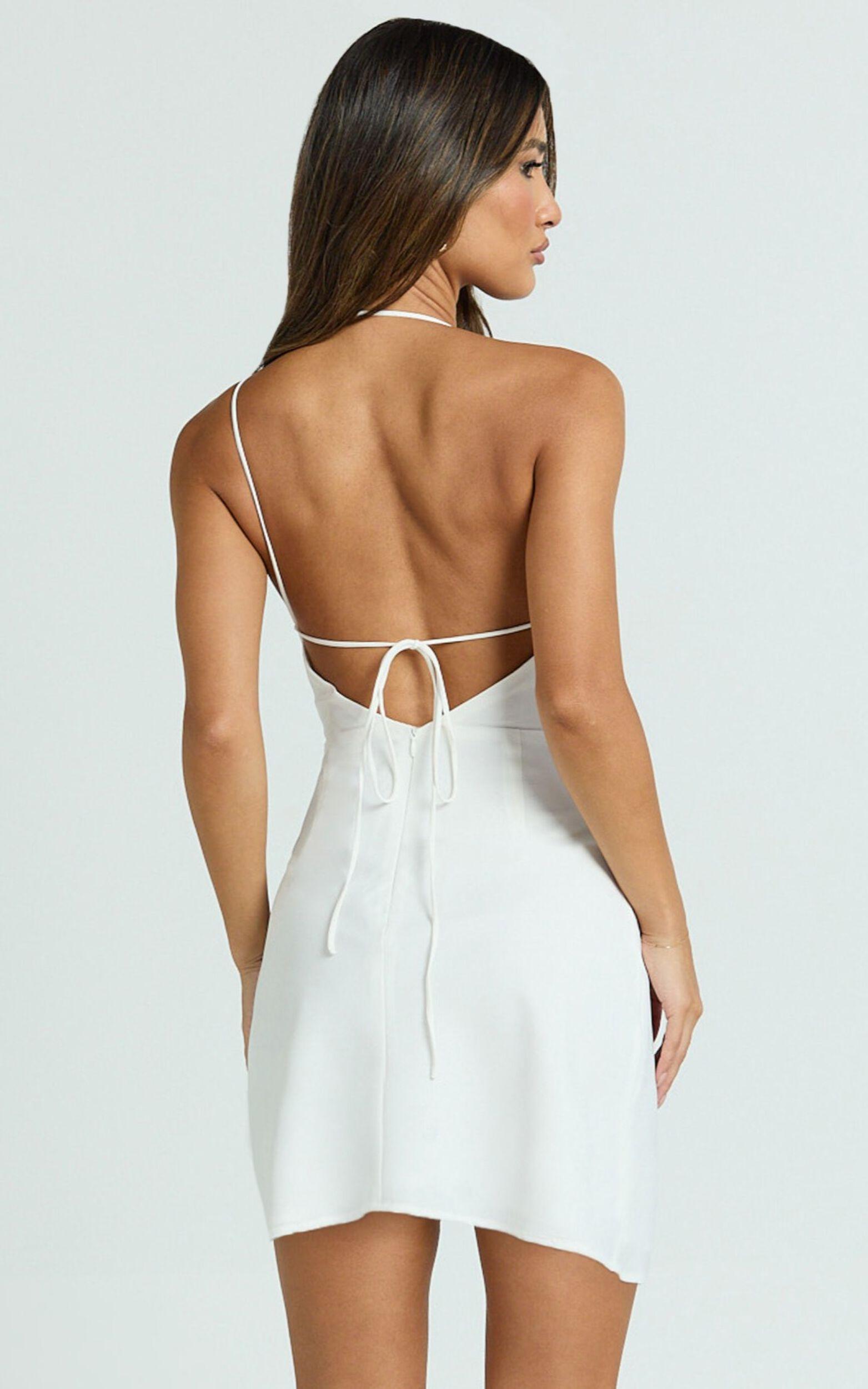 Alycia Mini Dress - Asymmetric Neck Strapped Back Bias Dress in White Product Image