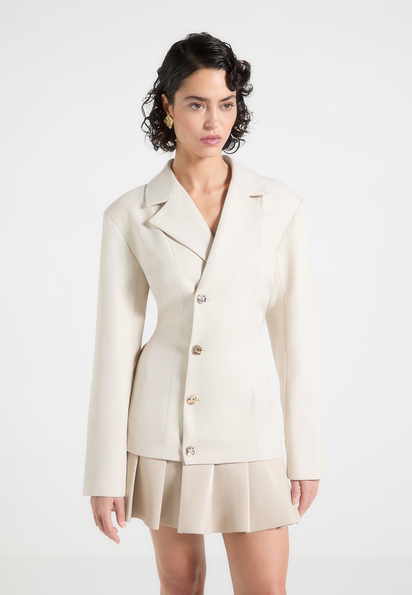Tailored Cinch Blazer Dress with Pleats - Beige Female Product Image