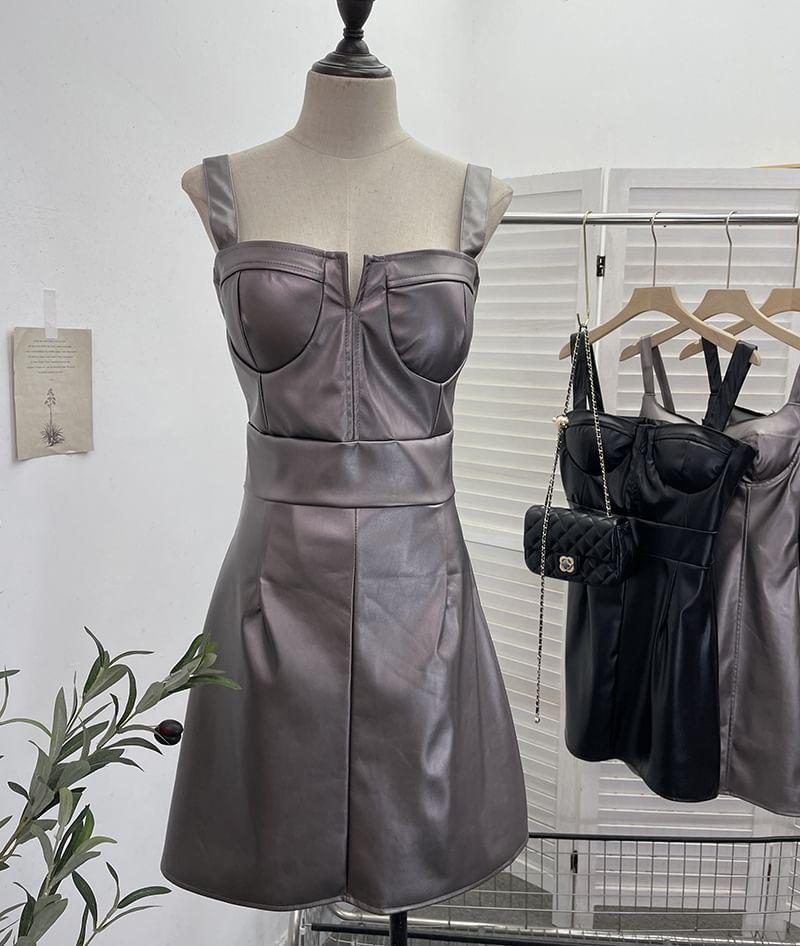 Faux Leather Plain Mini A-Line Dungaree Dress Product Image