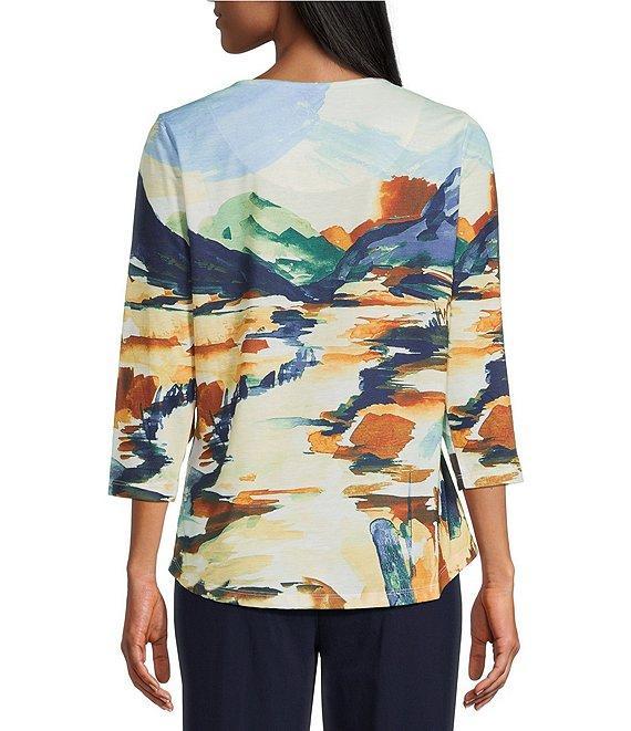 Allison Daley Deep Forest Autum Prairie Print Embellished 3/4 Sleeve Crew Neck Knit Art Tee Product Image