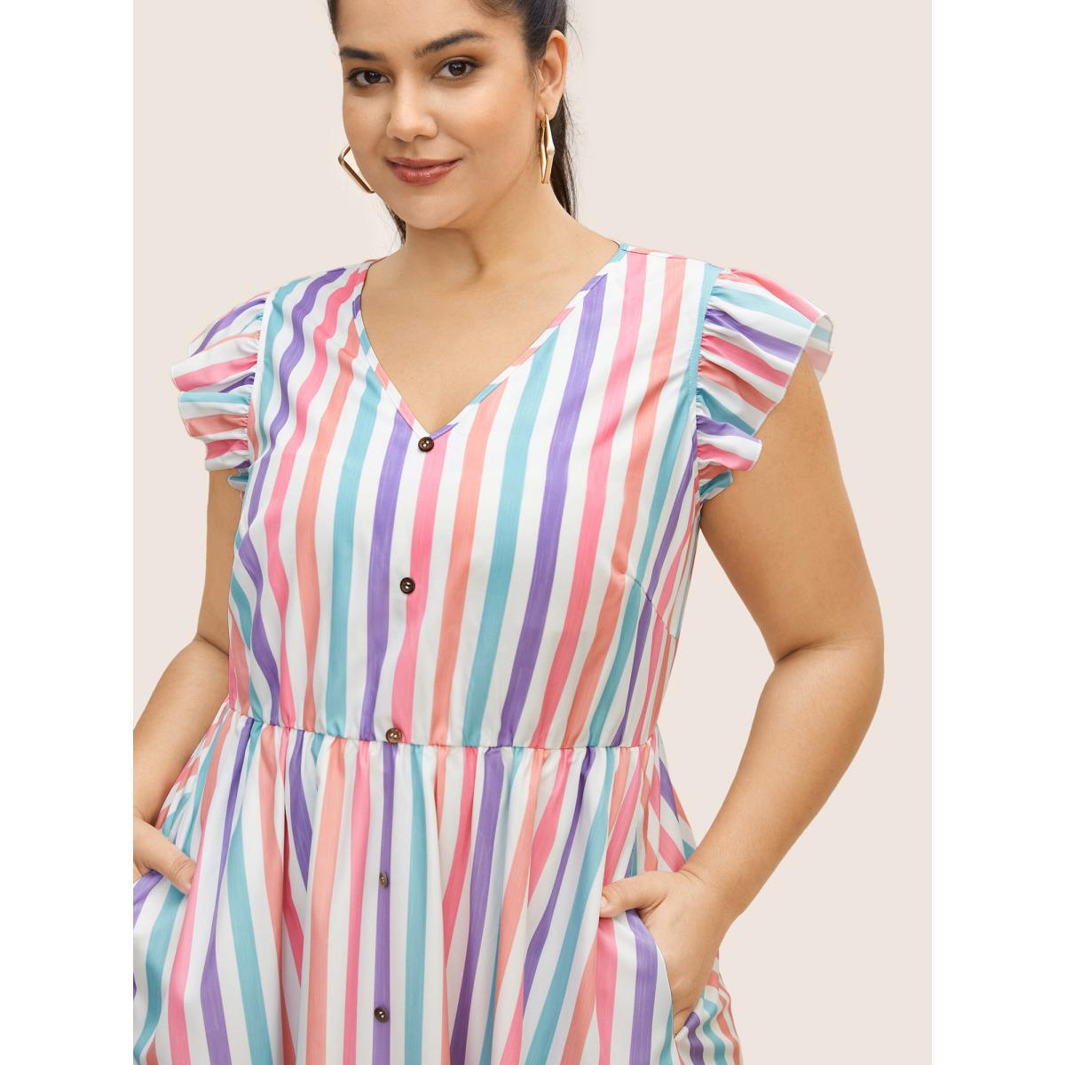 Plus Size Striped Ruffle Cap Sleeve Button Detail Dress Multicolor Women Casual Button V-neck Cap Sleeve Curvy BloomChic 18-20/2X Product Image