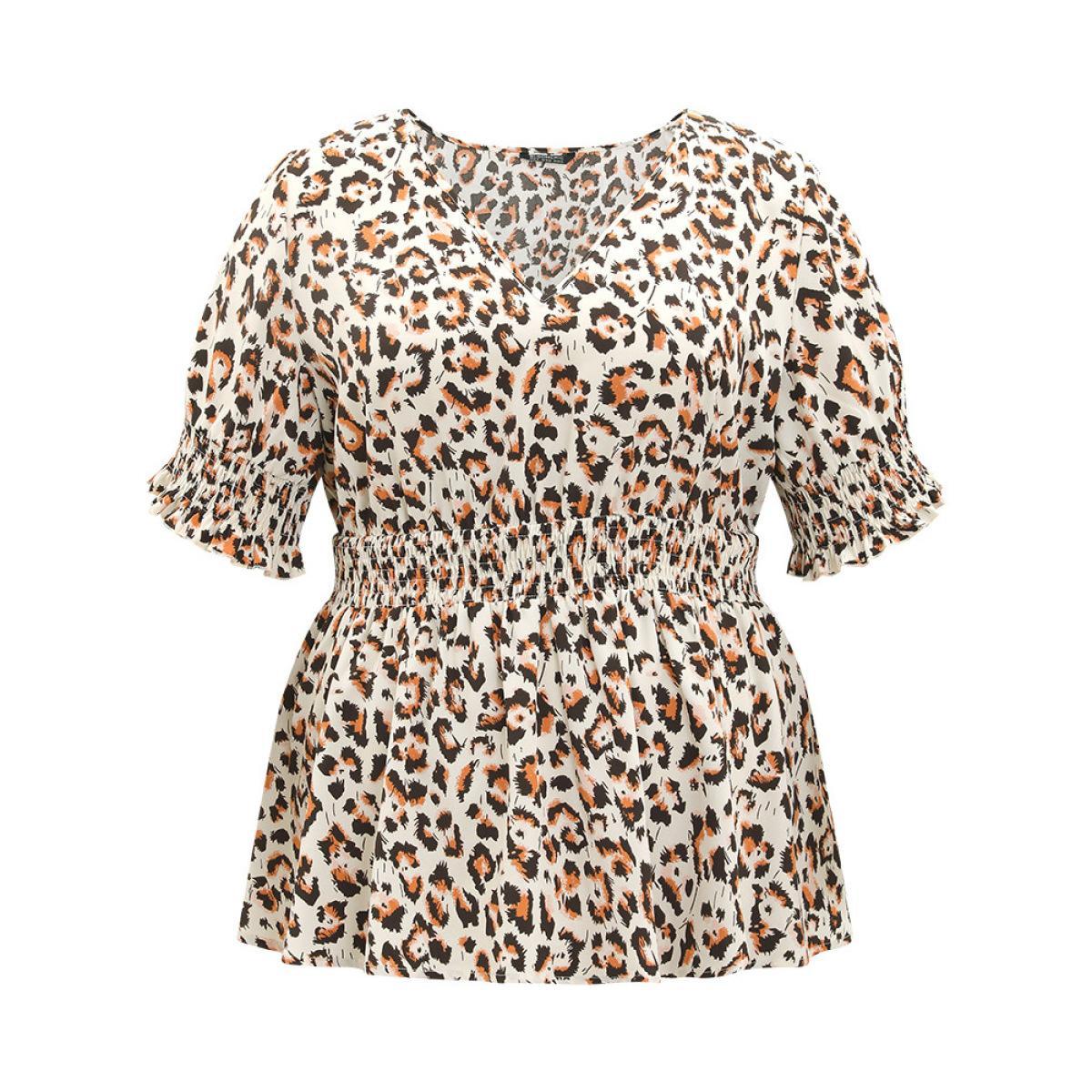 Plus Size Beige Leopard Print Shirred Puff Sleeve Ruffle Sleeve Blouse Women Glamour Short sleeve V-neck Going out Blouses BloomChic 14-16/1X Product Image