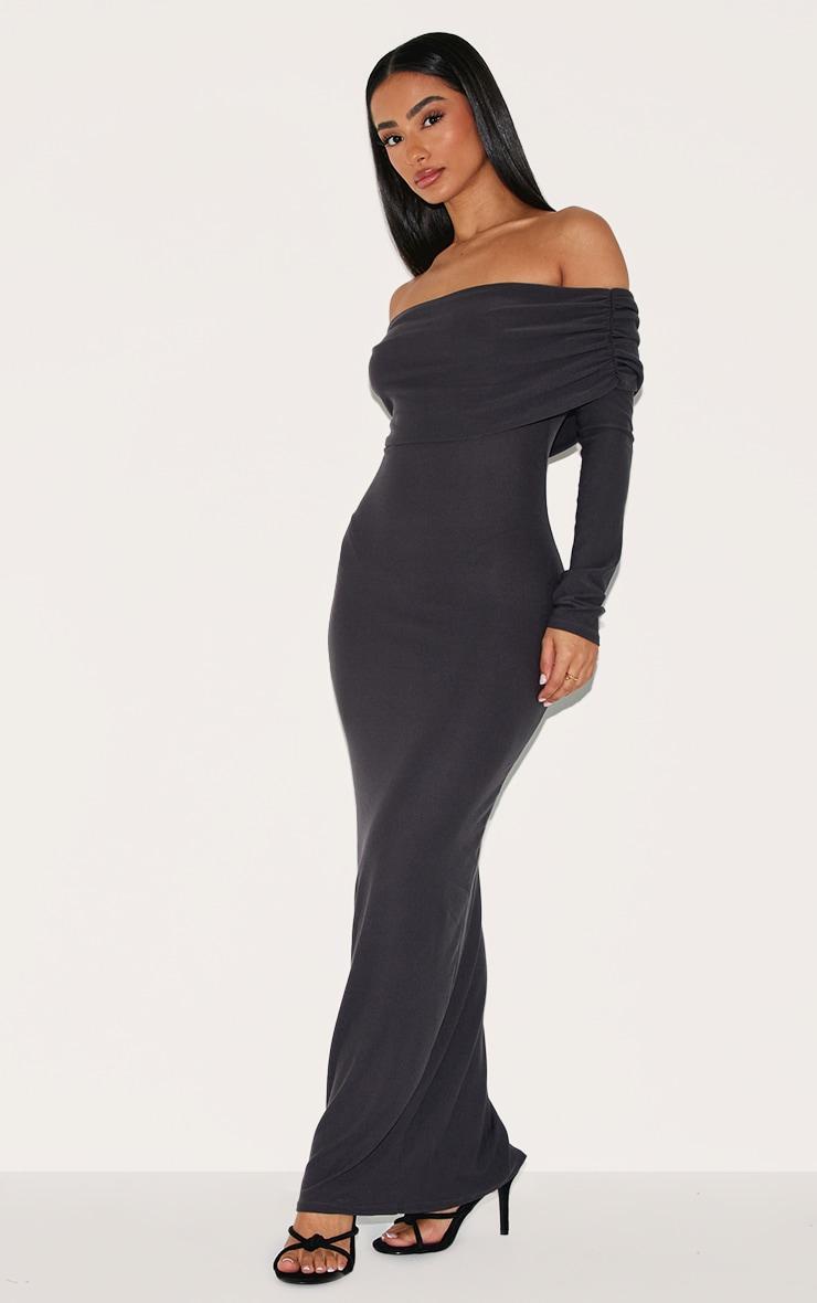 Petite Charcoal Soft Touch Bardot Long Sleeve Maxi Dress Product Image