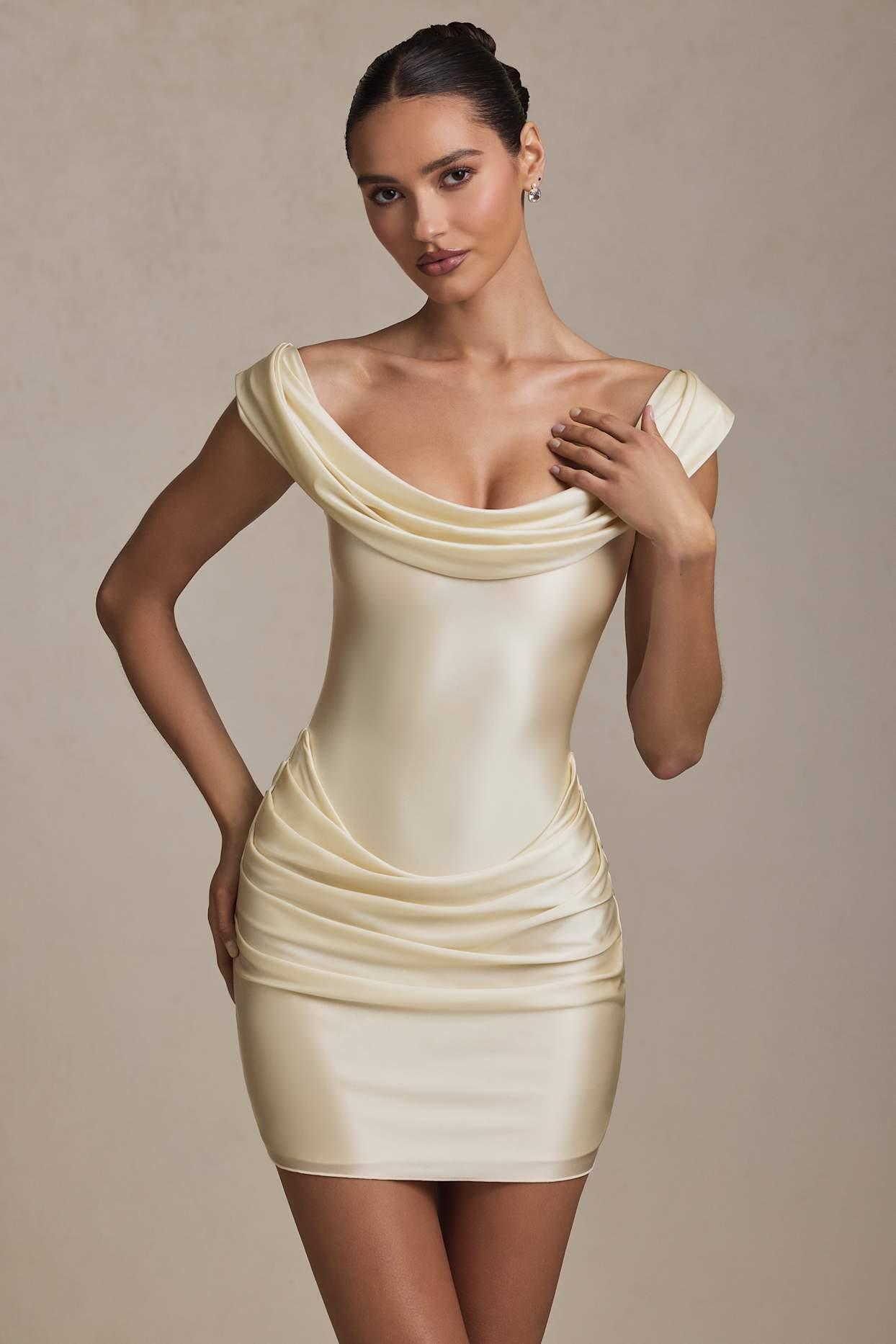 Off-Shoulder Draped Mini Dress in Ivory Product Image