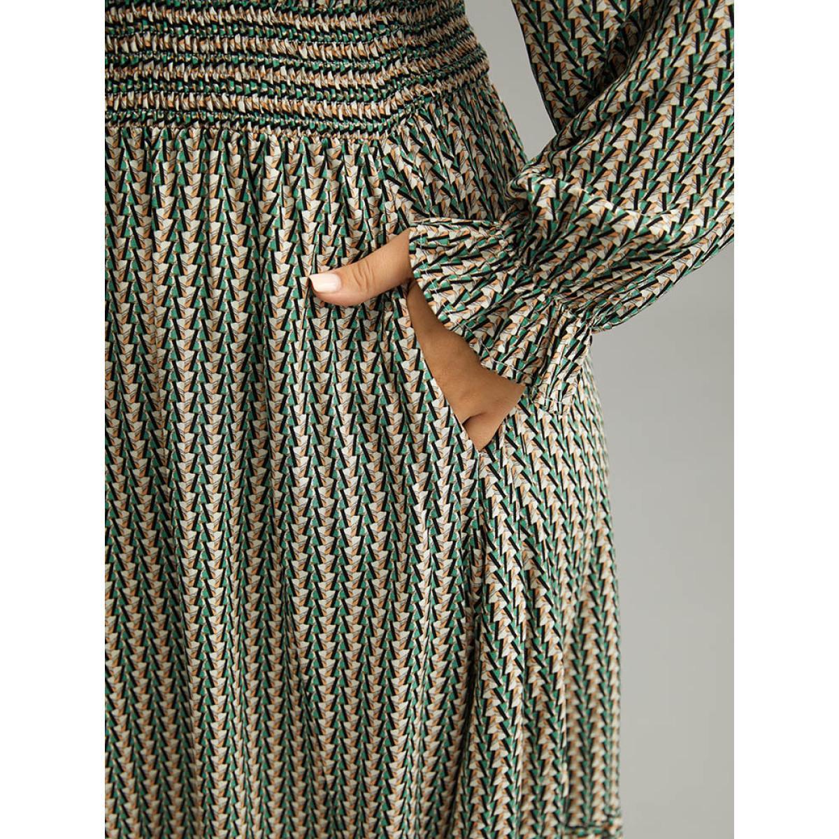 Plus Size Striped Geometric Bowknot Keyhole Shirred Dress Mint Women Work From Home Cross straps Shirt collar Long Sleeve Curvy Midi Dress BloomChic 10/M Product Image