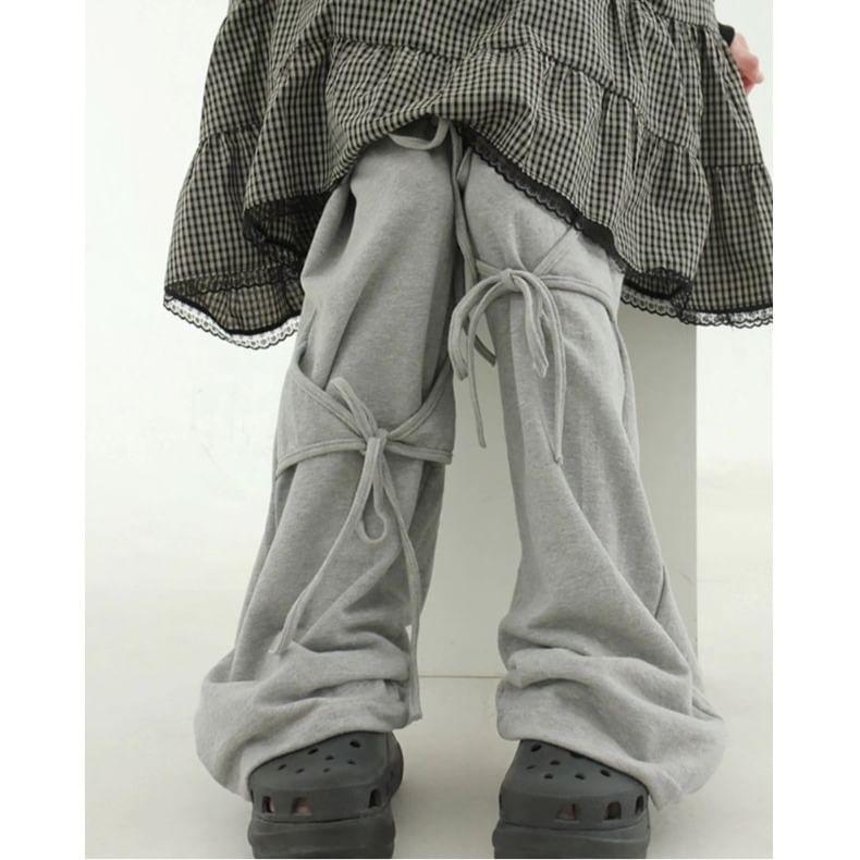 Drawstring Waist Plain Lace-Up Wide Leg Pants Product Image