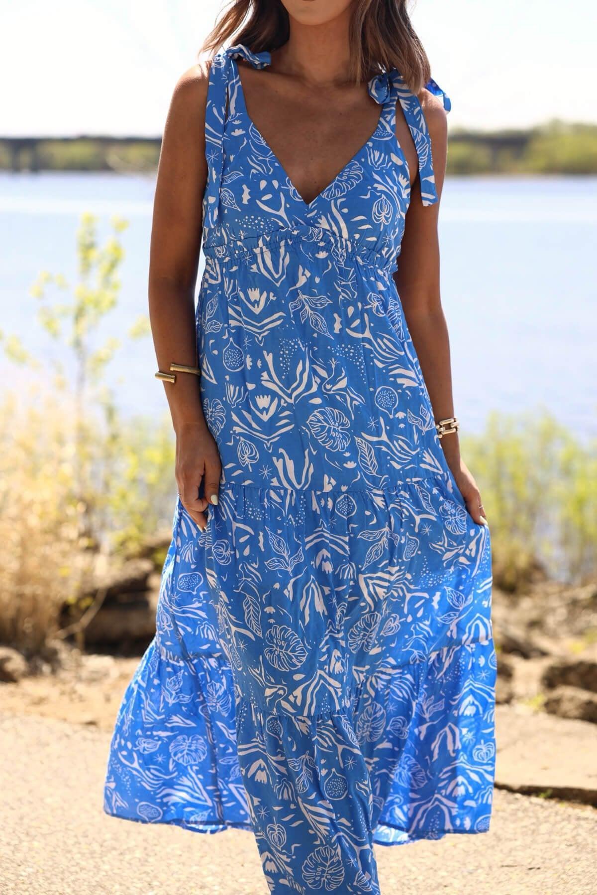 Blue and White Print Tiered Maxi Dress - FINAL SALE Product Image