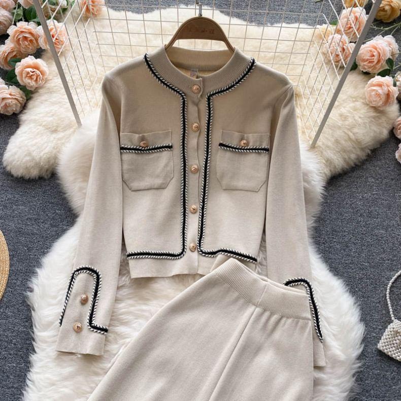 Set: Plain Contrast Trim Cardigan + High Rise Wide Leg Pants Product Image