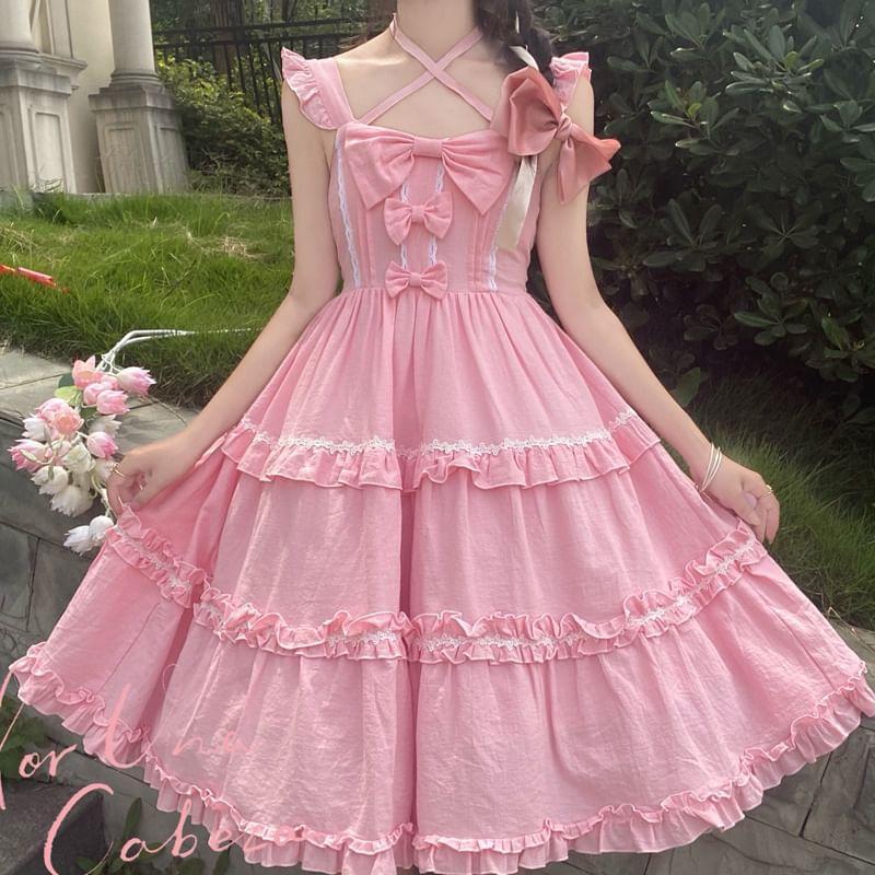 Puff-Sleeve Bow Ruffled Midi Pinafore Dress / Petticoat Product Image