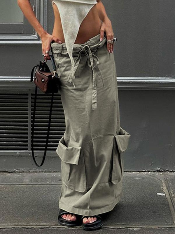 Low Waist Big Pocket Rolled Lacing Midi Skirt Product Image
