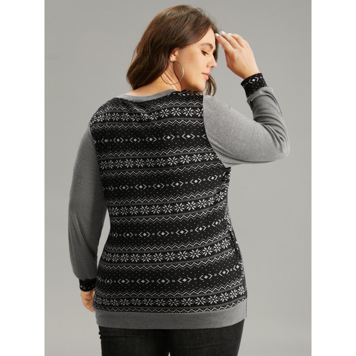 Plus Size Boho Print Patchwork Lace Panel T-shirt Black Women Casual Printed Bohemian Print Round Neck Dailywear T-shirts BloomChic 10/M Product Image