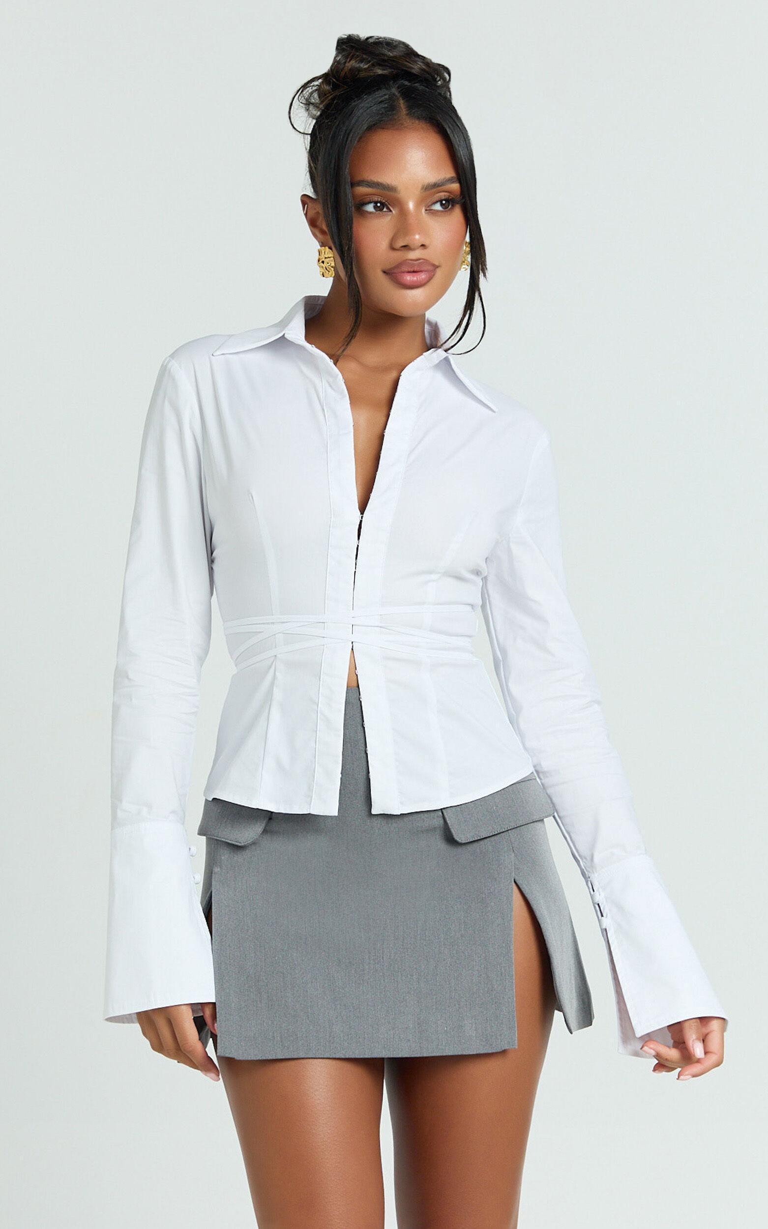 Katherine Top - Collared Plunge Flared Sleeve Top in White Product Image