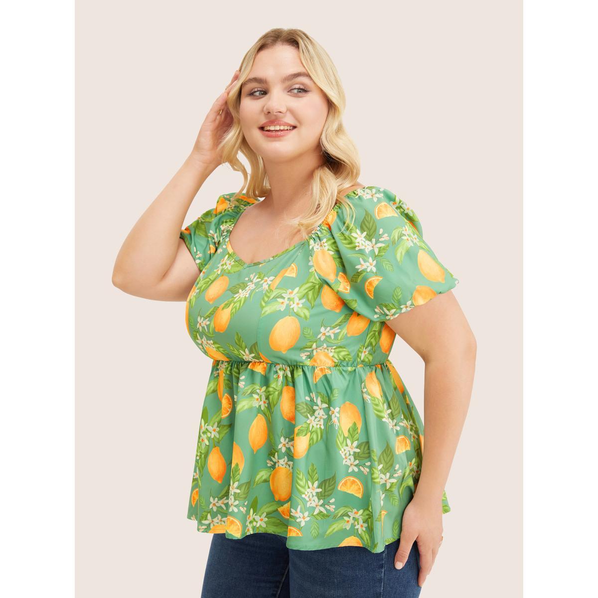 Plus Size Mint Citrus Orange & Floral Print Puff Sleeve Ruffles Blouse Women Vacation Short sleeve V-neck Dailywear Blouses BloomChic 12/L Product Image