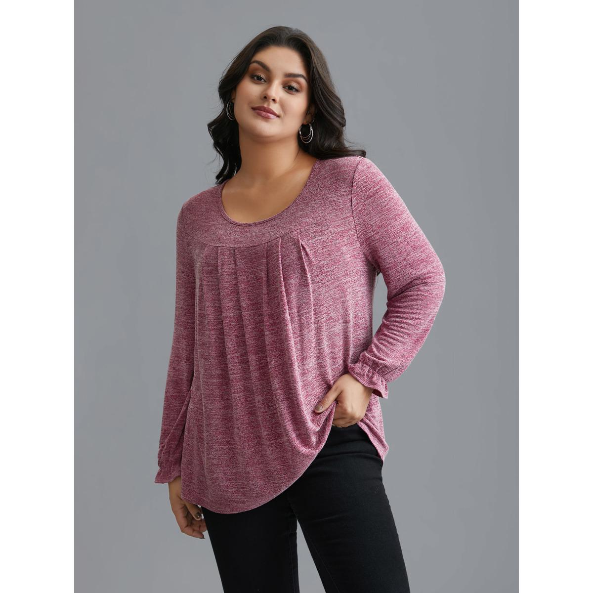 Plus Size Round Neck Heather Pleated T-shirt Rosered Women Elegant Pleated Round Neck Loose Everyday T-shirts BloomChic 28/5X Product Image