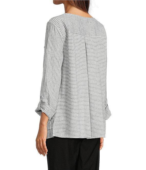 Ali Miles Woven Yarn-Dyed Linen Blend Scoop Neck 3/4 Roll-Tab Sleeve Tunic Product Image