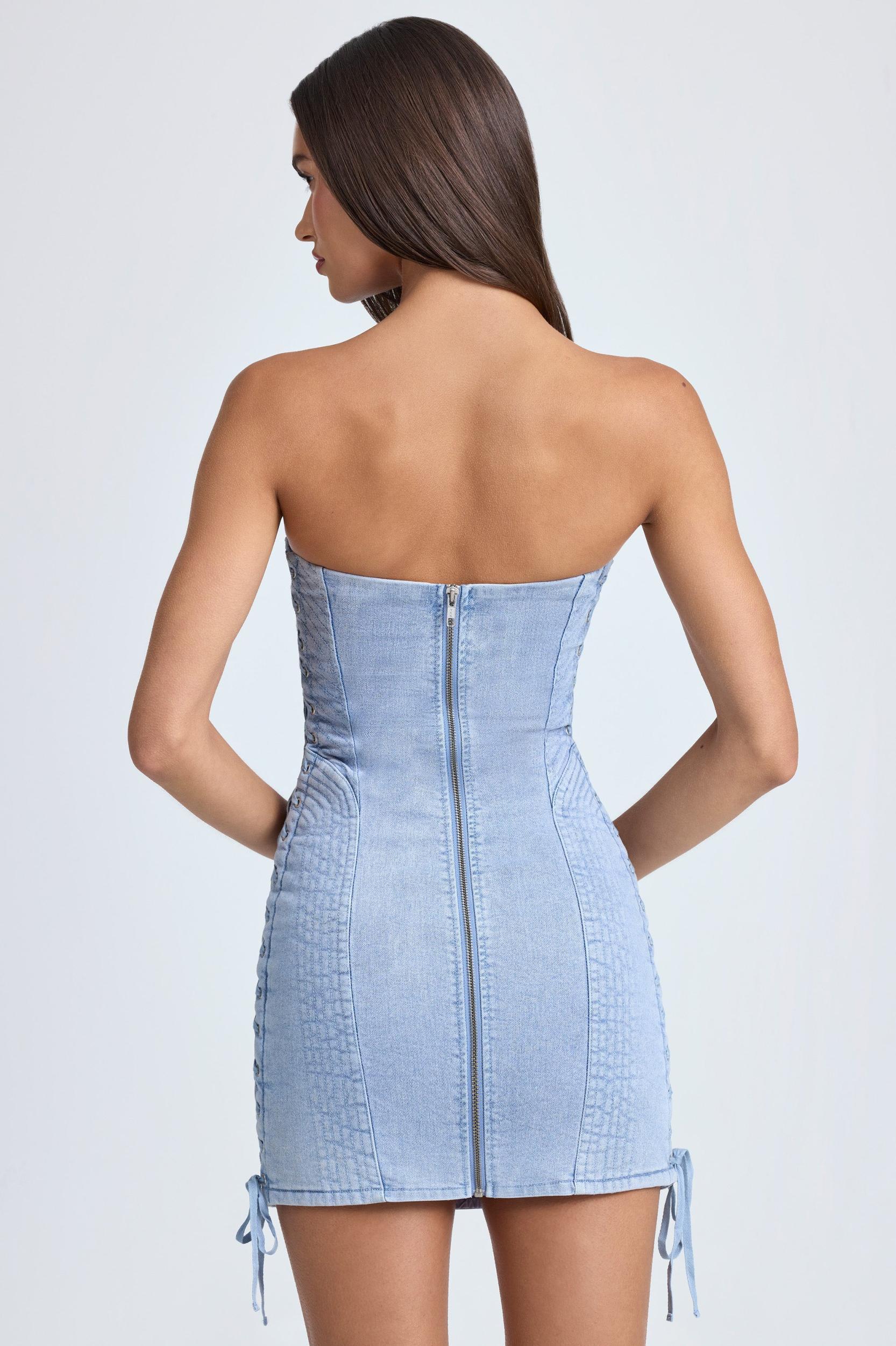 Bandeau Lace-Up Mini Dress in Light Blue Stonewash Product Image