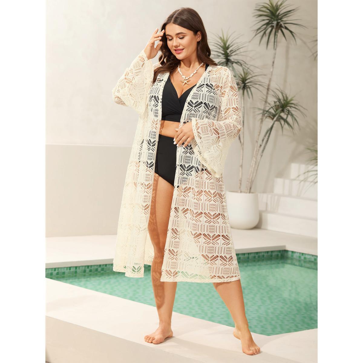 Plus Size Textured Cut-Out Ruffled Kimono Women Beige Resort See through Loose Vacation Kimonos BloomChic 12/L Product Image