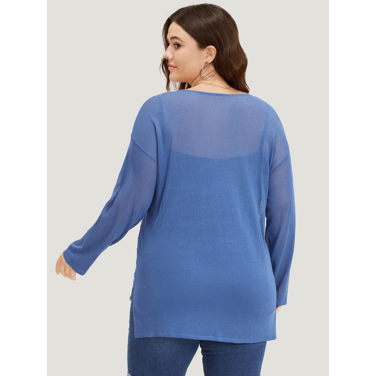 Plus Size Solid High Low Hem Drop Shoulder Split Side Pullover Cerulean Women Casual Loose Long Sleeve Round Neck Everyday Pullovers BloomChic 26/4X Product Image