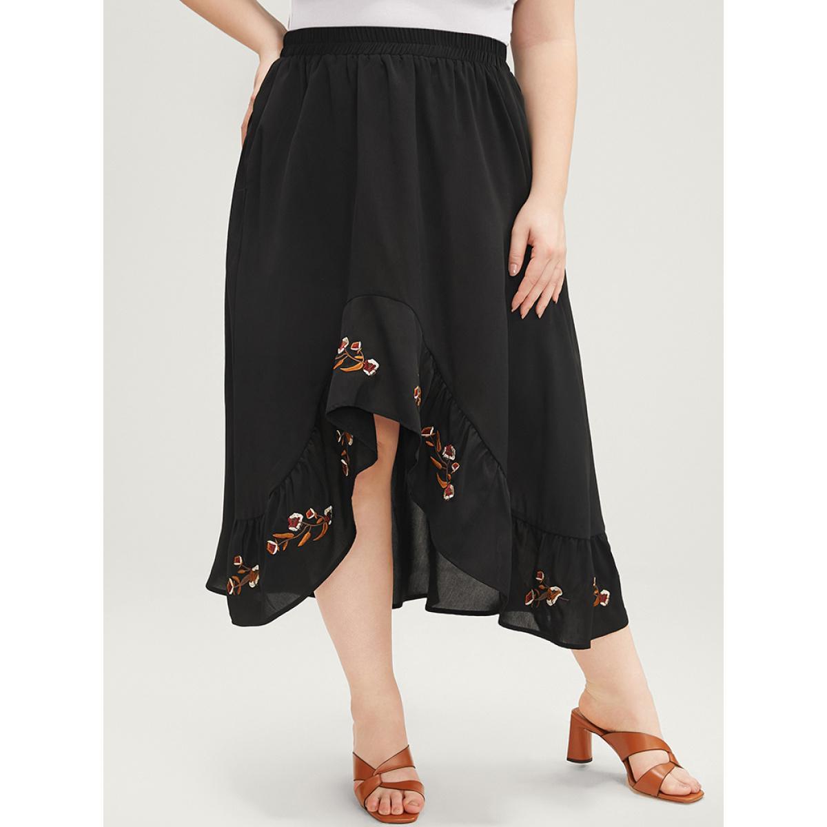 Plus Size Floral Embroidered Pocket Asymmetrical Hem Skirt Women Black Vacation Embroidered Loose No stretch Pocket Dailywear Skirts BloomChic 10/M Product Image