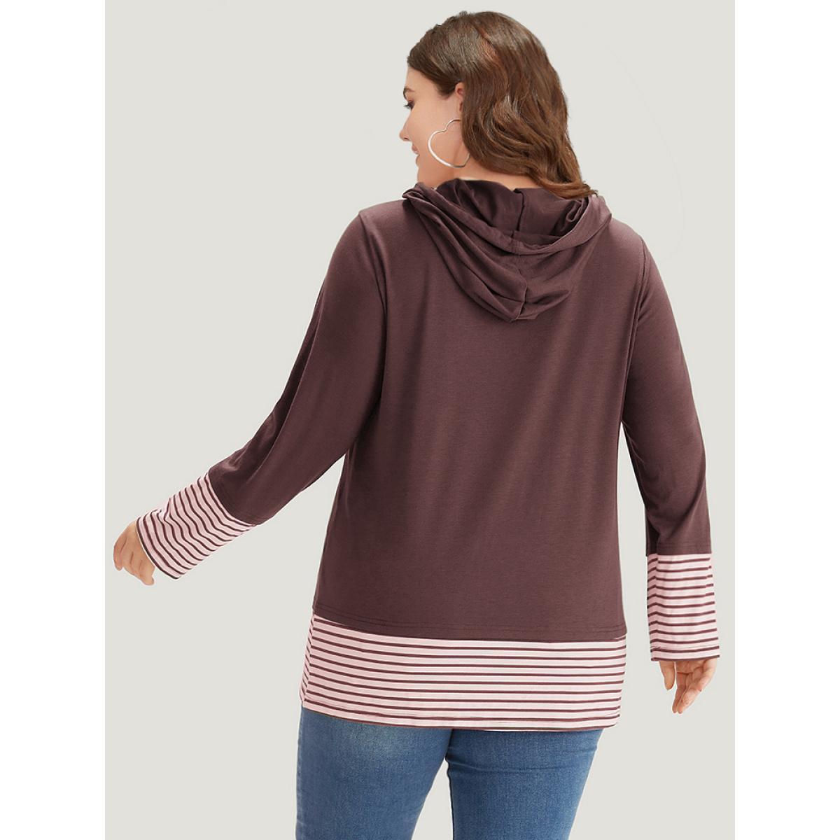 Plus Size Striped Patchwork Hooded Drawstring T-shirt Russet Women Casual Patchwork Striped Hooded Dailywear T-shirts BloomChic 28/5X Product Image