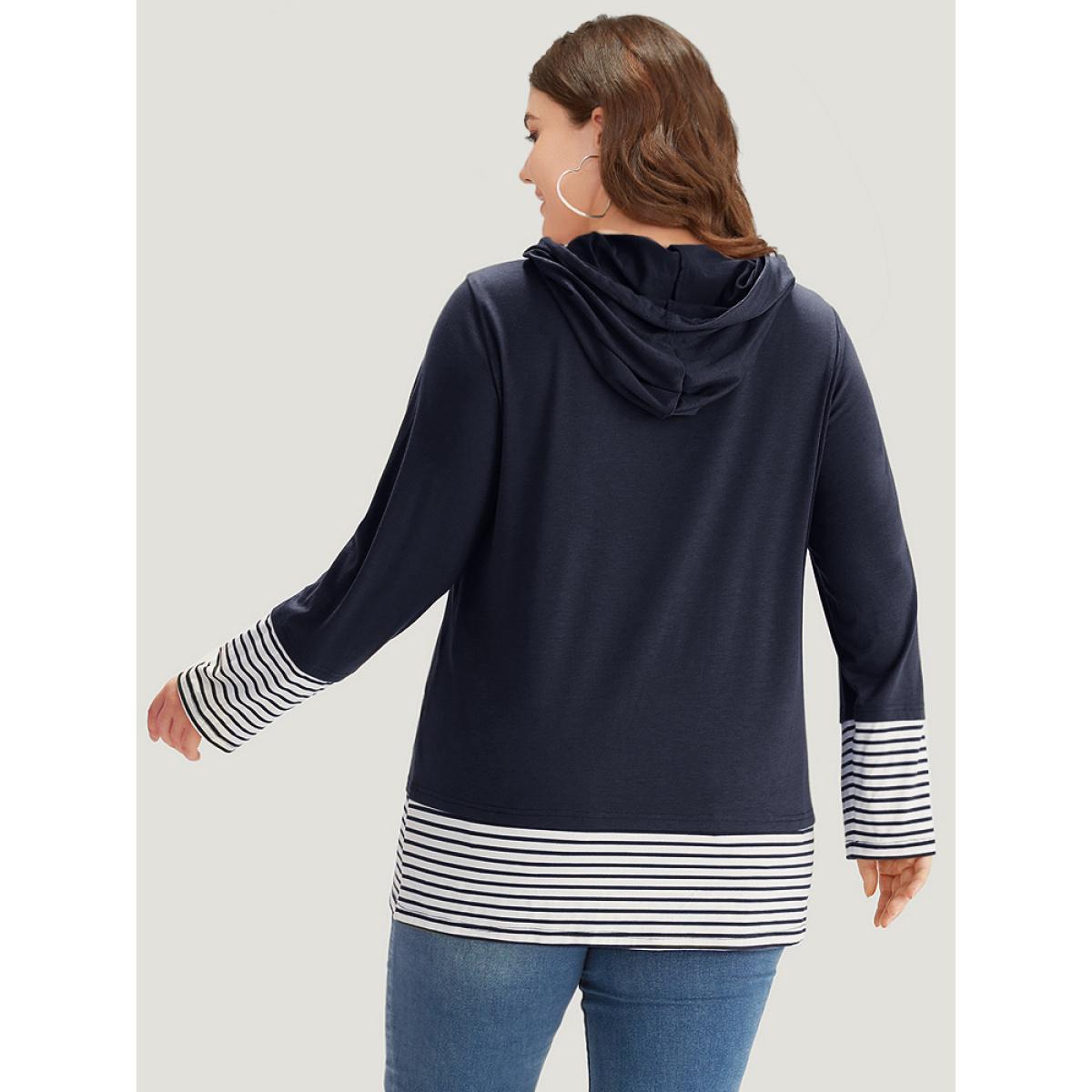 Plus Size Striped Patchwork Hooded Drawstring T-shirt Black Women Casual Patchwork Striped Hooded Dailywear T-shirts BloomChic 30/6X Product Image