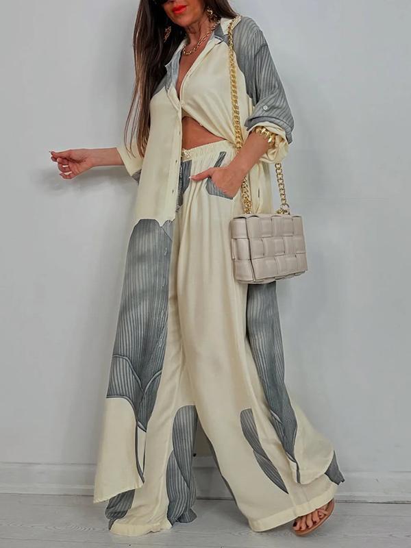 High Waisted Wide Leg Drawstring Elasticity Floral Printed Split-Joint Pants Trousers Product Image
