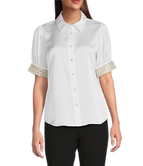 KARL LAGERFELD PARIS Tech Satin Point Collar Short Trim Sleeve Embellished Button-Front Blouse Product Image