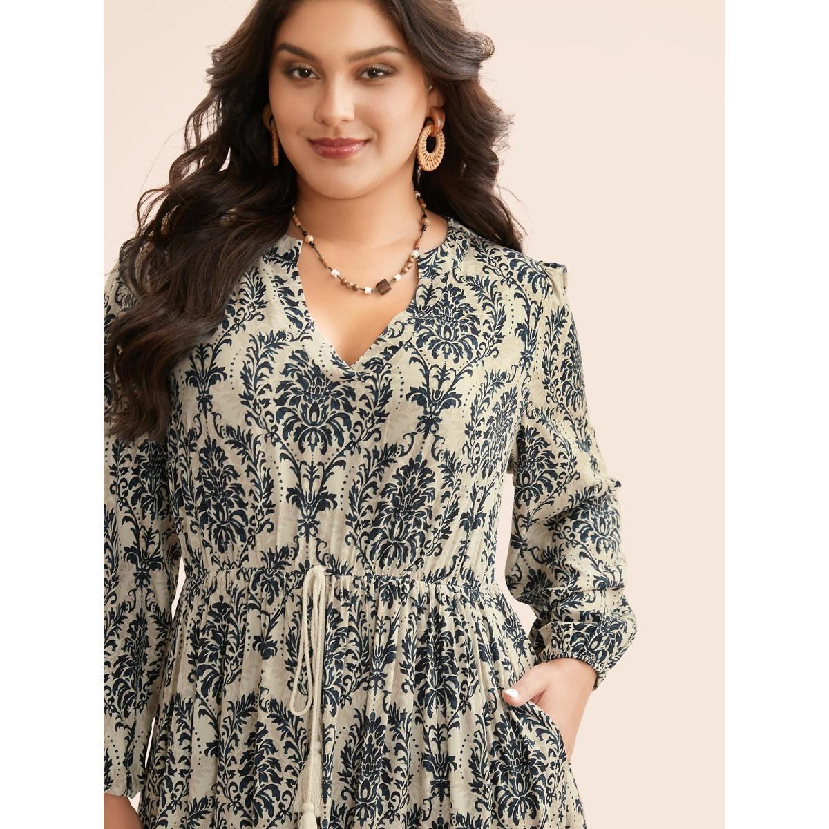 Plus Size Boho Print Notched Tie Knot Maxi Dress BlackFlower Women Resort Tie knot Flat collar with V-notch Long Sleeve Curvy BloomChic 10/M Product Image