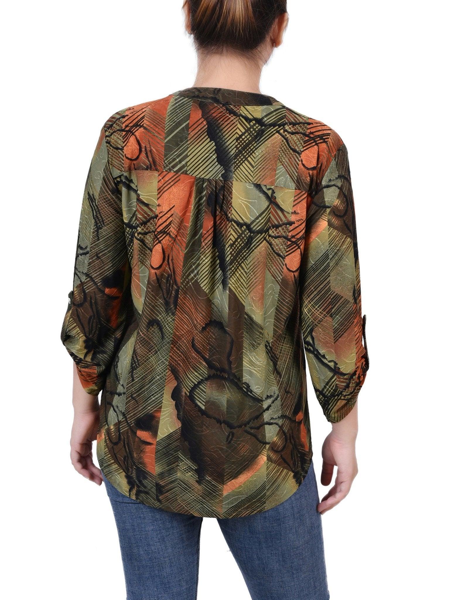 Olive Gilia 3/4 Sleeve Roll Tab Y Neck Top - Petite Product Image