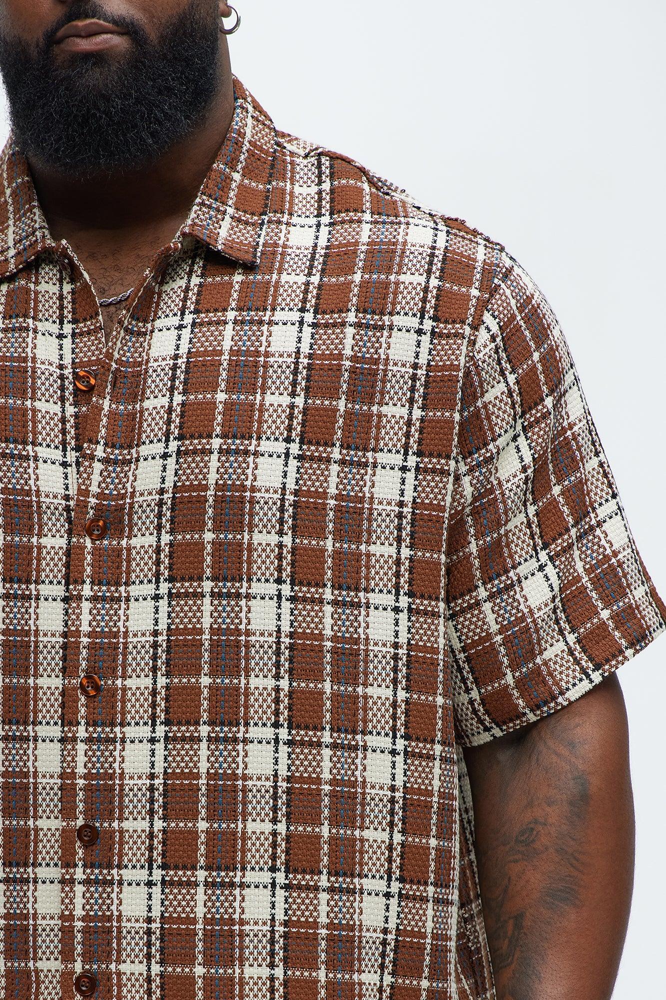 Plaid Basket Weave Cropped Button Up Shirt - Brown Combo Product Image