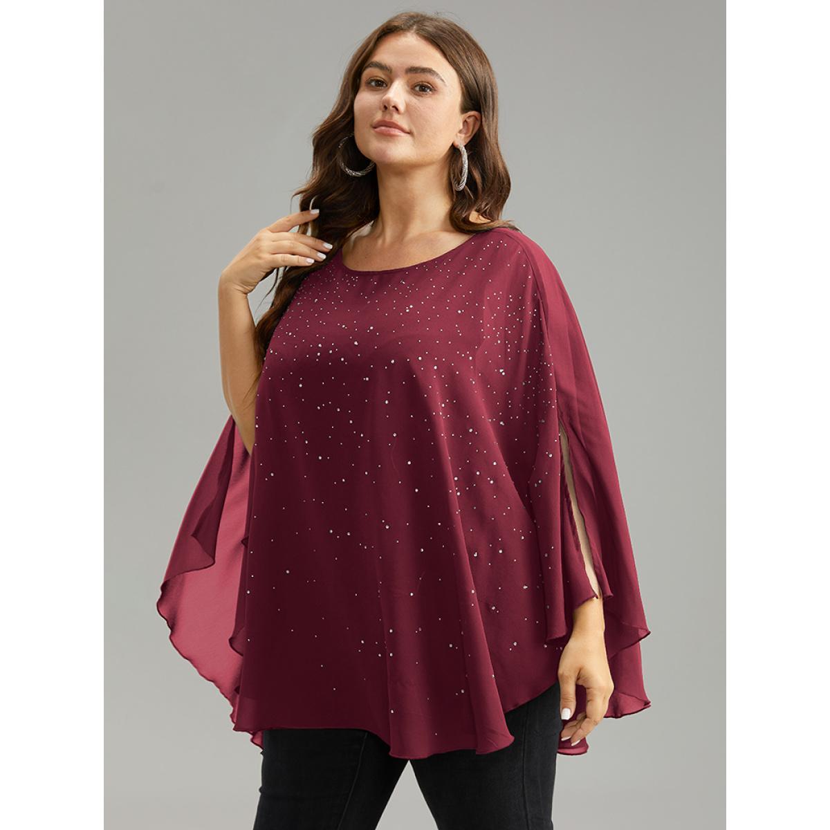 Plus Size Scarlet Chiffon Rhinestone Split Dolman Sleeve Blouse Women Cocktail Elbow-length sleeve Round Neck Party Blouses BloomChic 28/5X Product Image