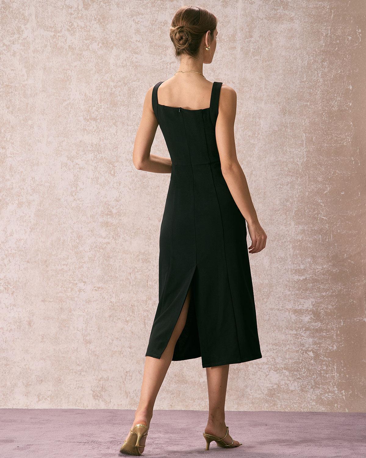 The Black Square Neck Sheath Midi Dress Product Image